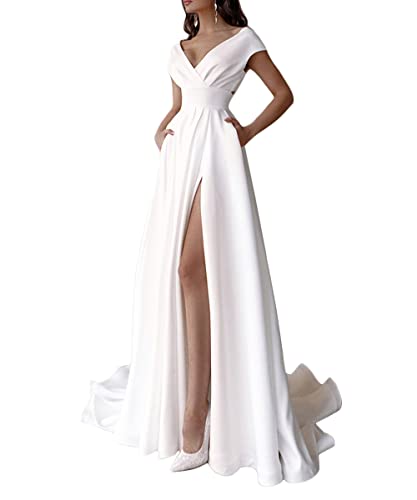 Onsoyours Damen Hochzeitskleid Einfarbig Kleider Ärmellos V-Ausschnitt Abendkleid Brautjungfernkleider Spitze Sexy Schlitz Maxikleid Freizeit Langes Kleid Weiß 07 XS von Onsoyours