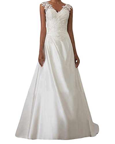 Onsoyours Damen Hochzeitskleid Einfarbig Kleider Ärmellos V-Ausschnitt Abendkleid Brautjungfernkleider Spitze Sexy Schlitz Maxikleid Freizeit Langes Kleid Weiß 16 XS von Onsoyours