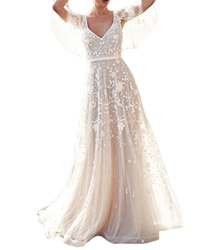 Onsoyours Damen Hochzeitskleid Lang Tüll Formellen Abendkleid Ballkleid Festkleider A Linie V-Ausschnitt Brautkleider Einfarbig Maxikleid Weiß 10 XL von Onsoyours