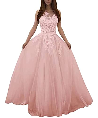 Onsoyours Damen Hochzeitskleider Lang Tüll Formellen Abendkleid Ballkleid Festkleider A Linie V-Ausschnitt Brautkleider Einfarbig Maxikleid A Rosa XL von Onsoyours