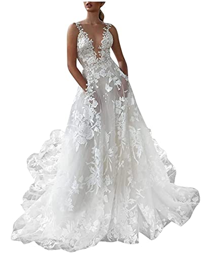 Onsoyours Damen Hochzeitskleider Lang Tüll Formellen Abendkleid Ballkleid Festkleider A Linie V-Ausschnitt Brautkleider Einfarbig Maxikleid Weiß 02 XL von Onsoyours