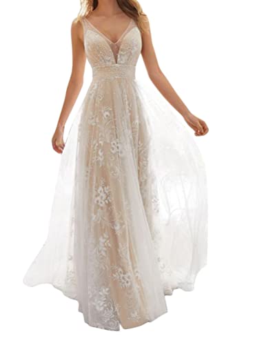 Onsoyours Damen Hochzeitskleider Lang Tüll Formellen Abendkleid Ballkleid Festkleider A Linie V-Ausschnitt Brautkleider Einfarbig Maxikleid Weiß 14 XL von Onsoyours