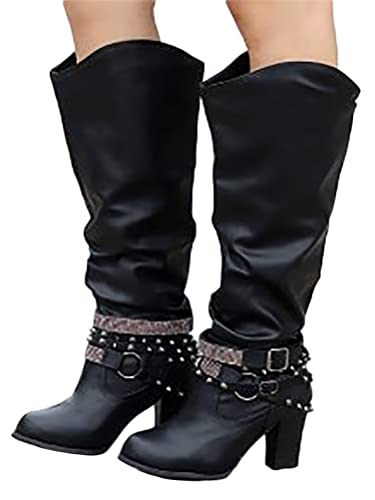 Onsoyours Damen Hohe Stiefel Herbst Winter Mode Casual High Heels Boots Blockabsatz Niet Schnalle Leder Lange Stiefel Schuhe Schwarz 40 EU von Onsoyours