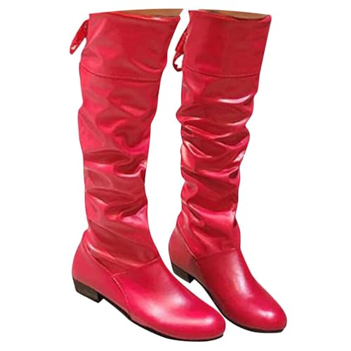 Onsoyours Damen Hohe Stiefel Winter Schuhe Warme Leder Reitstiefel Niedrige mit Absatz Komfort Beiläufige Schnalle Langschaft Kniehohe Stiefel H Rot 41 EU von Onsoyours