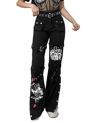 Onsoyours Damen Hohe Taille Jeanshosen Breites Bein Baggy Jeans Grafik Print Denim Hosen Gothic Dunkel Punk Cargo Pants Teenager Mädchen Streetwear Schwarz 01 L von Onsoyours