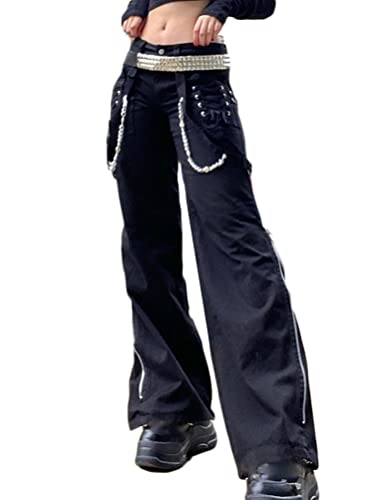 Onsoyours Damen Hohe Taille Jeanshosen Breites Bein Baggy Jeans Grafik Print Denim Hosen Gothic Dunkel Punk Cargo Pants Teenager Mädchen Streetwear Schwarz 03 L von Onsoyours