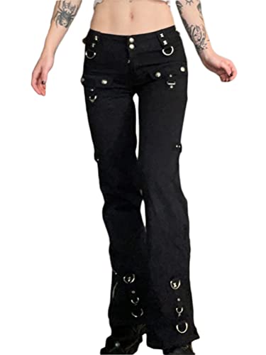 Onsoyours Damen Hohe Taille Jeanshosen Breites Bein Baggy Jeans Grafik Print Denim Hosen Gothic Dunkel Punk Cargo Pants Teenager Mädchen Streetwear Schwarz 04 L von Onsoyours