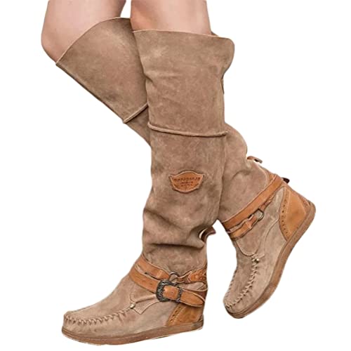 Onsoyours Damen Hohe Wildleder Stiefel Ohne Verschluss Boots Langschaft Winterschuhe Retro Stil Schuhe Runde Stiefel Gelb 40 EU von Onsoyours