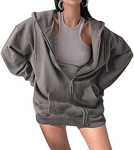 Onsoyours Damen Hoodie Jacke Oversize Slim Vintage Reißverschluss Kapuzenjacke Zip Up Sweatshirt mit Kapuze 90er Girl Übergangsjacke Einfarbig Dunkelgrau XXL von Onsoyours