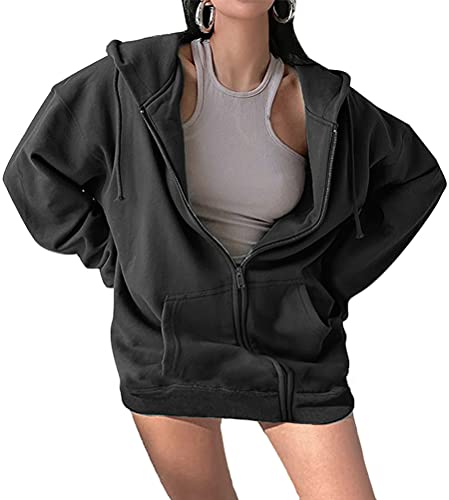 Onsoyours Damen Hoodie Jacke Oversize Vintage Reißverschluss Kapuzenjacke Zip Up Kapuzenpullover Sweatshirt mit Kapuze 90er Girl Übergangsjacke Einfarbig Schwarz XXL von Onsoyours