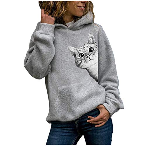 Onsoyours Damen Hoodie Kapuzenpullover Sweatshirt Langarmshirt Rundhals Lustiges Katzen Motive Drucken Hoodie Katzenpulli Casual Pulli mit Kordel und Taschen Herbst Winter B Grau L von Onsoyours