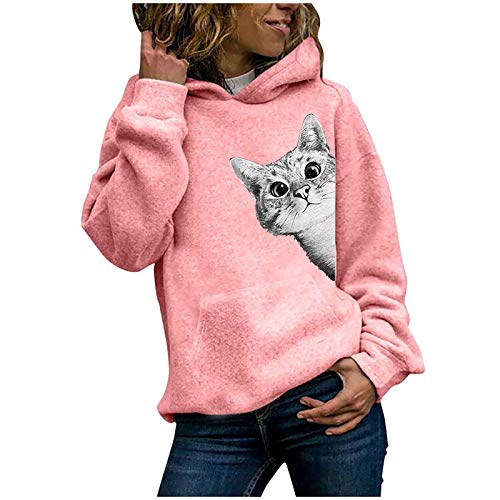 Onsoyours Damen Hoodie Kapuzenpullover Sweatshirt Langarmshirt Rundhals Lustiges Katzen Motive Drucken Hoodie Katzenpulli Casual Pulli mit Kordel und Taschen Herbst Winter B Rosa L von Onsoyours