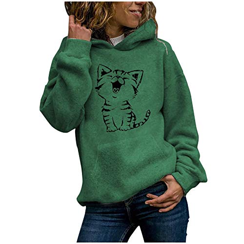 Onsoyours Damen Hoodie Kapuzenpullover Sweatshirt Langarmshirt Rundhals Lustiges Katzen Motive Drucken Hoodie Katzenpulli Casual Pulli mit Kordel und Taschen Herbst Winter C Grün S von Onsoyours