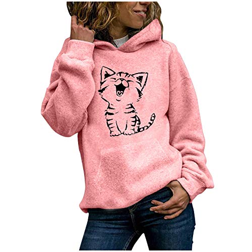 Onsoyours Damen Hoodie Kapuzenpullover Sweatshirt Langarmshirt Rundhals Lustiges Katzen Motive Drucken Hoodie Katzenpulli Casual Pulli mit Kordel und Taschen Herbst Winter C Rosa L von Onsoyours