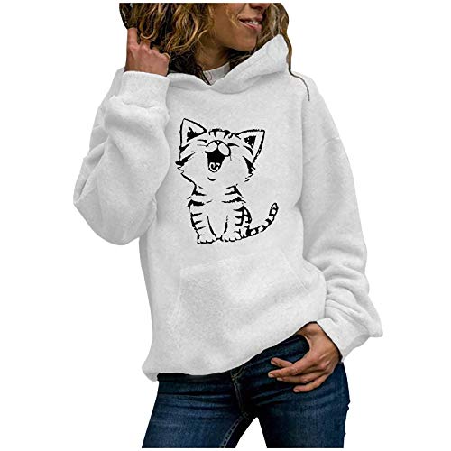 Onsoyours Damen Hoodie Kapuzenpullover Sweatshirt Langarmshirt Rundhals Lustiges Katzen Motive Drucken Hoodie Katzenpulli Casual Pulli mit Kordel und Taschen Herbst Winter C Weiß XS von Onsoyours