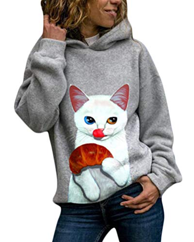 Onsoyours Damen Hoodie Kapuzenpullover Sweatshirt Langarmshirt Rundhals Lustiges Katzen Motive Drucken Hoodie Katzenpulli Casual Pulli mit Kordel und Taschen Herbst Winter D Grau 5 3XL von Onsoyours