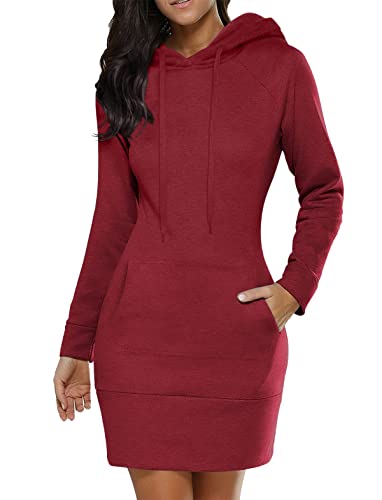 Onsoyours Damen Hoodie Kleid Oversize Kapuzenpullover Sweatshirtkleid Lang Maxi Winter Herbst Mini Kleid Streetwear B Weinrot XL von Onsoyours