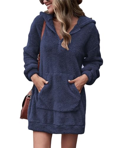 Onsoyours Damen Hoodie Oversized Kapuzenpullover-Kleid Einteiliges Teddy Fleece Minikleid Plüsch Winterkleid Herbstkleid Sweatshirtkleid Kapuzenjacke Langarm Sport A Marine XL von Onsoyours