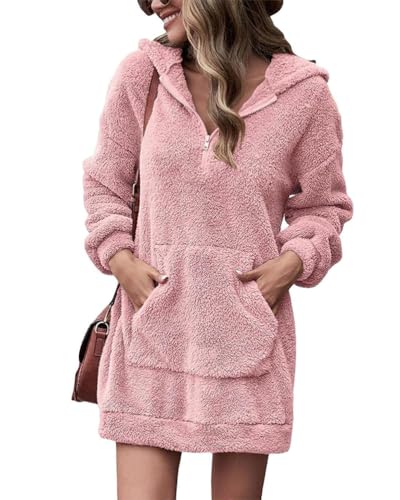 Onsoyours Damen Hoodie Oversized Kapuzenpullover-Kleid Einteiliges Teddy Fleece Minikleid Plüsch Winterkleid Herbstkleid Sweatshirtkleid Kapuzenjacke Langarm Sport A Rosa XL von Onsoyours