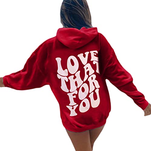 Onsoyours Damen Hoodie Rückendruck Letter Print Sweatshirt Lose Casual Jacke Oversize Vintage Kapuzenpullover Sweatshirt mit Kapuze 90er Y2K E-Girl Outerwear A Rot XS von Onsoyours