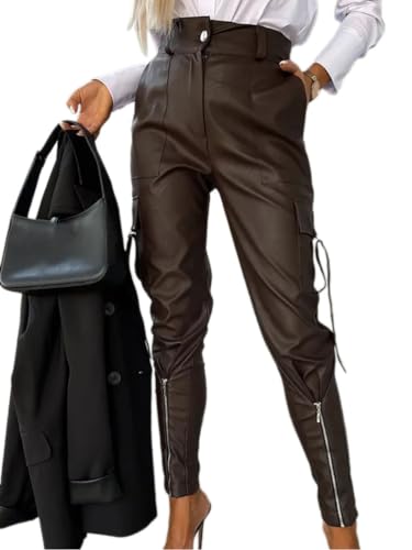 Onsoyours Damen Hose Kunstleder Straight Leg PU Leggings Mit Reißverschluss High Waist Business Festlich Hose Stretch Stoffhose Freizeithose Frauen Cargohose Strumpfhosen Bleistifthose A Braun M von Onsoyours