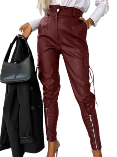 Onsoyours Damen Hose Kunstleder Straight Leg PU Leggings Mit Reißverschluss High Waist Business Festlich Hose Stretch Stoffhose Freizeithose Frauen Cargohose Strumpfhosen Bleistifthose A Rot XL von Onsoyours