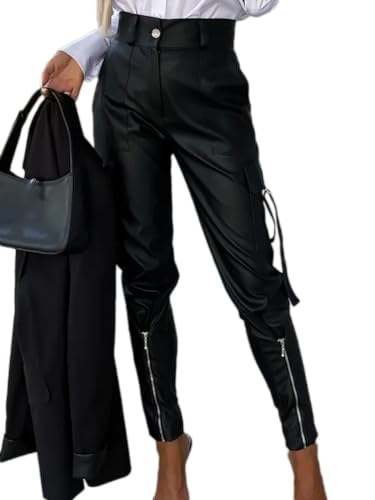 Onsoyours Damen Hose Kunstleder Straight Leg PU Leggings Mit Reißverschluss High Waist Business Festlich Hose Stretch Stoffhose Freizeithose Frauen Cargohose Strumpfhosen Bleistifthose A Schwarz XS von Onsoyours
