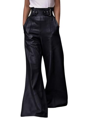 Onsoyours Damen-Hose Mit Tasche Hohe Taille Weites Bein Lockere Passform Lässig Retro Gerade Plissiert Lederhose Für Den Alltag A Schwarz XL von Onsoyours