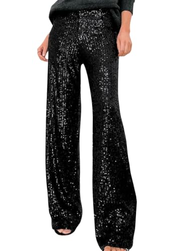 Onsoyours Damen Hose Samt Glitzer Paillettenhose Hohe Taille Drapiert Gerades Weites Bein Freizeithose Elegant Abend Business Hosen mit Taschen B Schwarz XS von Onsoyours