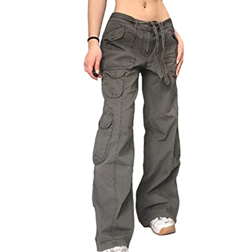 Onsoyours Damen Hose Y2K Gerade Cargo Hosen Vintage Cargohose Mehrere Tasche Hosen Angenehm Strapazierfähig Hosen Jogginghose Y Grau L von Onsoyours