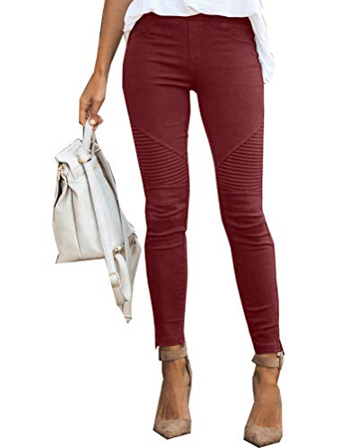 Onsoyours Damen Hosen Elegant Hohe Taille Stretch Leggings Slim Bleistifthose Freizeit Hose Skinny Pants Einfarbig Bequeme Elastischer Taille Hosen (Medium, Rot) von Onsoyours