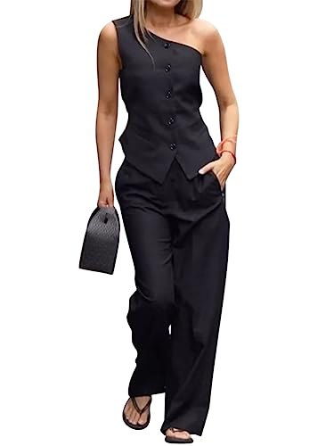 Onsoyours Damen Hosenanzüge Elegant Weste Business Anzug Set Hosenanzug Blazer Hose 2-teilig Anzug Einfarbig Zweiteiler Slimfit Streetwear Zweiteiliger B Schwarz L von Onsoyours