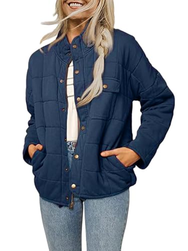 Onsoyours Damen Jacke Warm Mantel Lose Casual Steppjacke Übergangsjacke Mode Kurze Coat Einfarbig Winterjacke Mit Taschen Outwear B Dunkelblau XL von Onsoyours