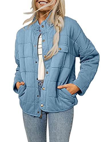 Onsoyours Damen Jacke Warm Mantel Lose Casual Steppjacke Übergangsjacke Mode Kurze Coat Einfarbig Winterjacke Mit Taschen Outwear B Hellblau XXL von Onsoyours