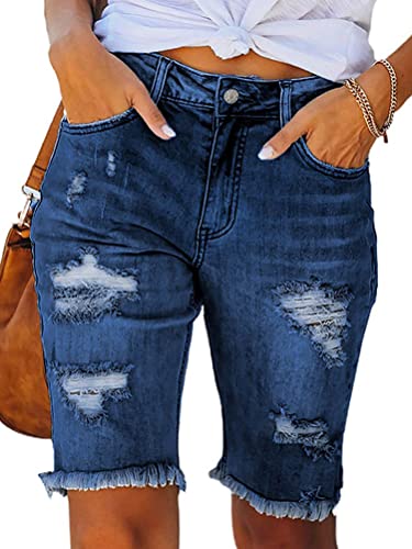 Onsoyours Damen Jeans Bermuda Shorts Sommer Jeansshorts Mittlere Taille Denim Kurze Hose Strecken Zerrissen Roher Saum Denim Kurze Jeans Destroyed Hotpants B Blau XXL von Onsoyours