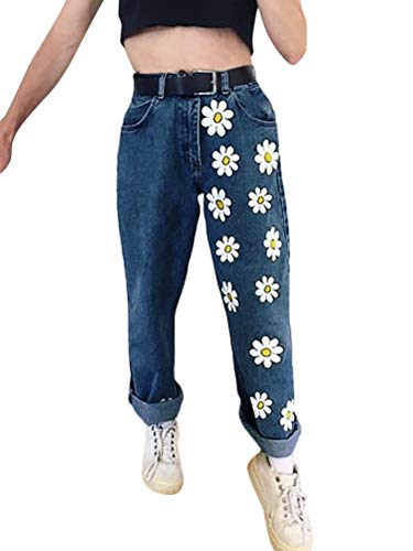 Onsoyours Damen Jeans Blumen Stickerei Slim Fit Skinny Hose Damen High Waist Jeanshose Bagyy Straight Leg Hochbund Hosen Dunkelblau Medium von Onsoyours