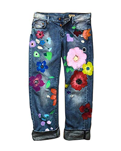 Onsoyours Damen Jeans Blumen Stickerei Slim Fit Skinny Hose Damen High Waist Jeanshose Straight Leg Hochbund Hosen Z1 Blau 2X-Large von Onsoyours