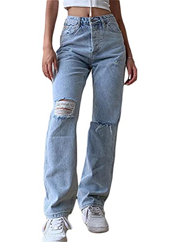 Onsoyours Damen Jeans Boyfriend High Waist Jeanshose Locker Lang Boyfriend Jeans Blau Mit Weites Bein Hose Denim Straight Lässig Weich Pants Streetwear A Blau XXL von Onsoyours