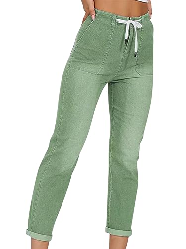 Onsoyours Damen Jeans High Waist Stretch Denim Jeanshosen für Damen Skinny Slim Fit Röhrenjeans Bleistiftjean Lässige Schlank Stylische Hosen Mit Kordelzug A Grün M von Onsoyours