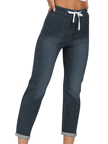 Onsoyours Damen Jeans High Waist Stretch Denim Jeanshosen für Damen Skinny Slim Fit Röhrenjeans Bleistiftjean Lässige Schlank Stylische Hosen Mit Kordelzug A Schwarz M von Onsoyours