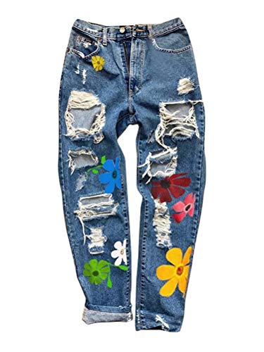 Onsoyours Damen Jeans Retro Hohe Taille Jeanshosen Frauen Sonnenblume Drucken Jeanshose Locker Lang Boyfriend Jeans Straight Z2 Dunkelblau M von Onsoyours