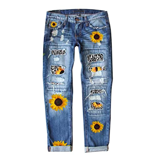 Onsoyours Damen Jeans Retro Hohe Taille Jeanshosen Frauen Sonnenblume Drucken Jeanshose Stretchhose Damenhose A Blau XXL von Onsoyours