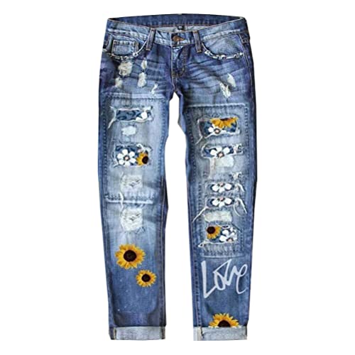 Onsoyours Damen Jeans Retro Hohe Taille Jeanshosen Frauen Sonnenblume Drucken Jeanshose Stretchhose Damenhose C Blau L von Onsoyours