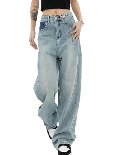 Onsoyours Baggy Jeans Damen Hoher Taille Y2K Boyfriend Jeanshosen Harajuku E-Girl Denim Hose Freizeit Loose Gerade Hosen A16 Hellblau S von Onsoyours