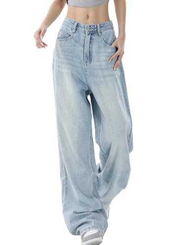 Onsoyours Baggy Jeans Damen Hoher Taille Y2K Boyfriend Jeanshosen Harajuku E-Girl Denim Hose Freizeit Loose Gerade Hosen A17 Hellblau S von Onsoyours