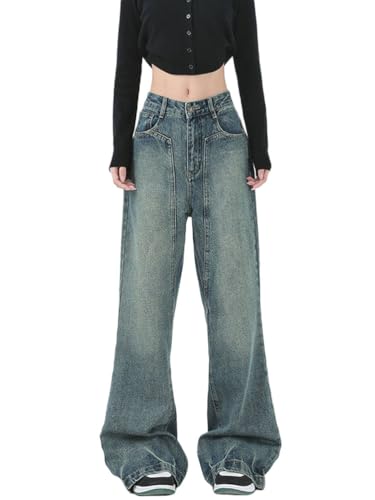 Onsoyours Baggy Jeans Damen Hoher Taille Y2K Boyfriend Jeanshosen Harajuku E-Girl Denim Hose Freizeit Loose Gerade Hosen A6 Blau S von Onsoyours