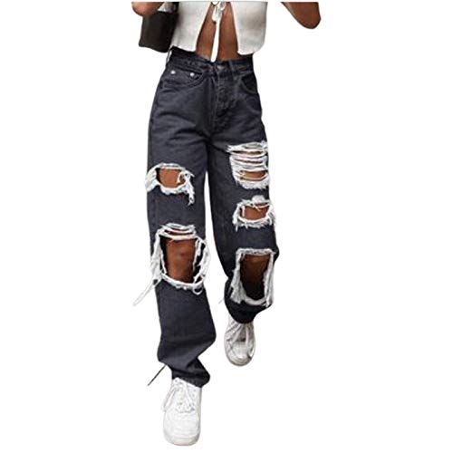 Onsoyours Damen Jeans Streetwear Knöpfe Gerade Jeanshose Mit Hohem Bund Frauen Mode Patchwork Pants Retro Weites Bein Denim Hosen Bootcut Freizeithose B Schwarz L von Onsoyours