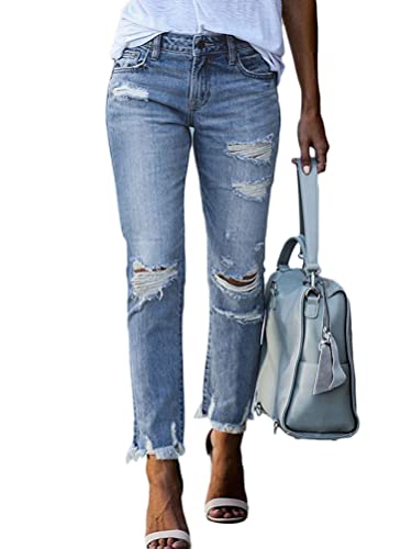 Onsoyours Damen Jeans Stretch Jeanshose Löcher Elegant Röhrenjeans Frauen Risse Ripped Eng Denim Hose Casual Straight Leg Hose Destroyed Jeggings Boyfriend Jeans A Hellblau L von Onsoyours