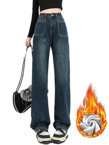 Onsoyours Damen Jeans mit Fleece Gefüttert Casual Gerades Bein Winter Thermo Flanell Jeanshose Denim Hose High Waist Push Up Thermojeans Thermohose Jeanshosen für Frauen Teenager A1 Blau M von Onsoyours