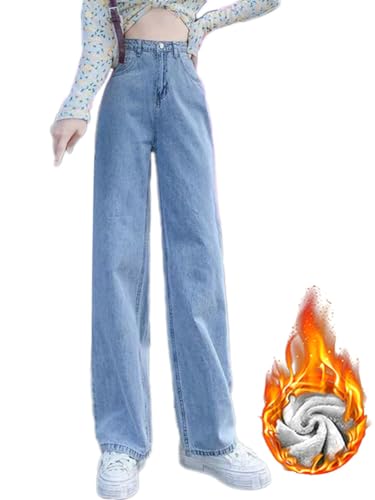Onsoyours Damen Jeans mit Fleece Gefüttert Casual Gerades Bein Winter Thermo Flanell Jeanshose Denim Hose High Waist Push Up Thermojeans Thermohose Jeanshosen für Frauen Teenager B Blau XXL von Onsoyours